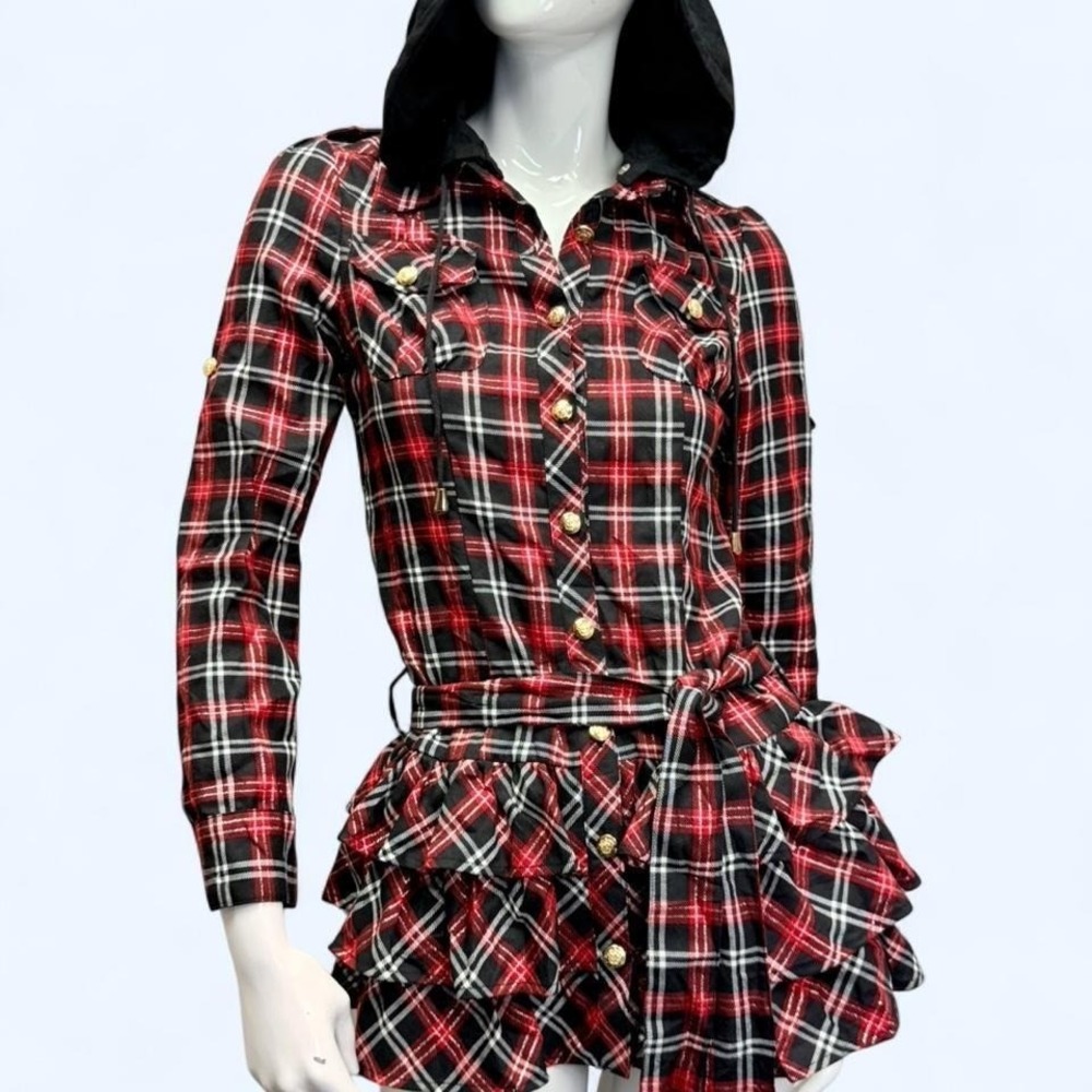 Tralala Liz Lisa red‎ black Plaid Hooded Mini Dress Ruffle Gothic Punk Womens S